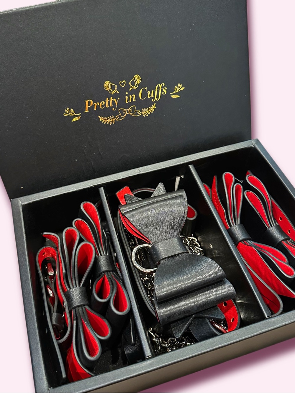 Luxury Leather Bow Bondage Collar/Cuffs Box Gift Set Black/Red Equestrian Goth